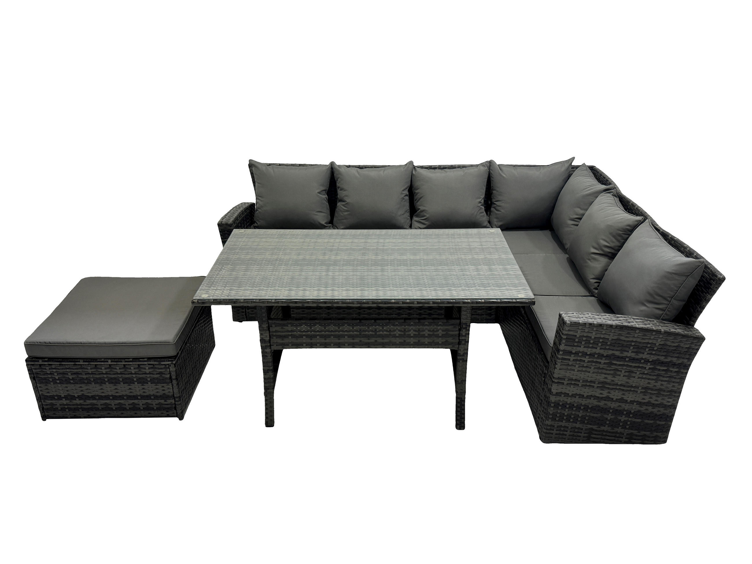 LOUNGEGARNITUR mit Esstisch Sofa Polyrattan Dunkelgrau 7-Sitzer - Dunkelgrau/Grau, Glas/Kunststoff - Fimous