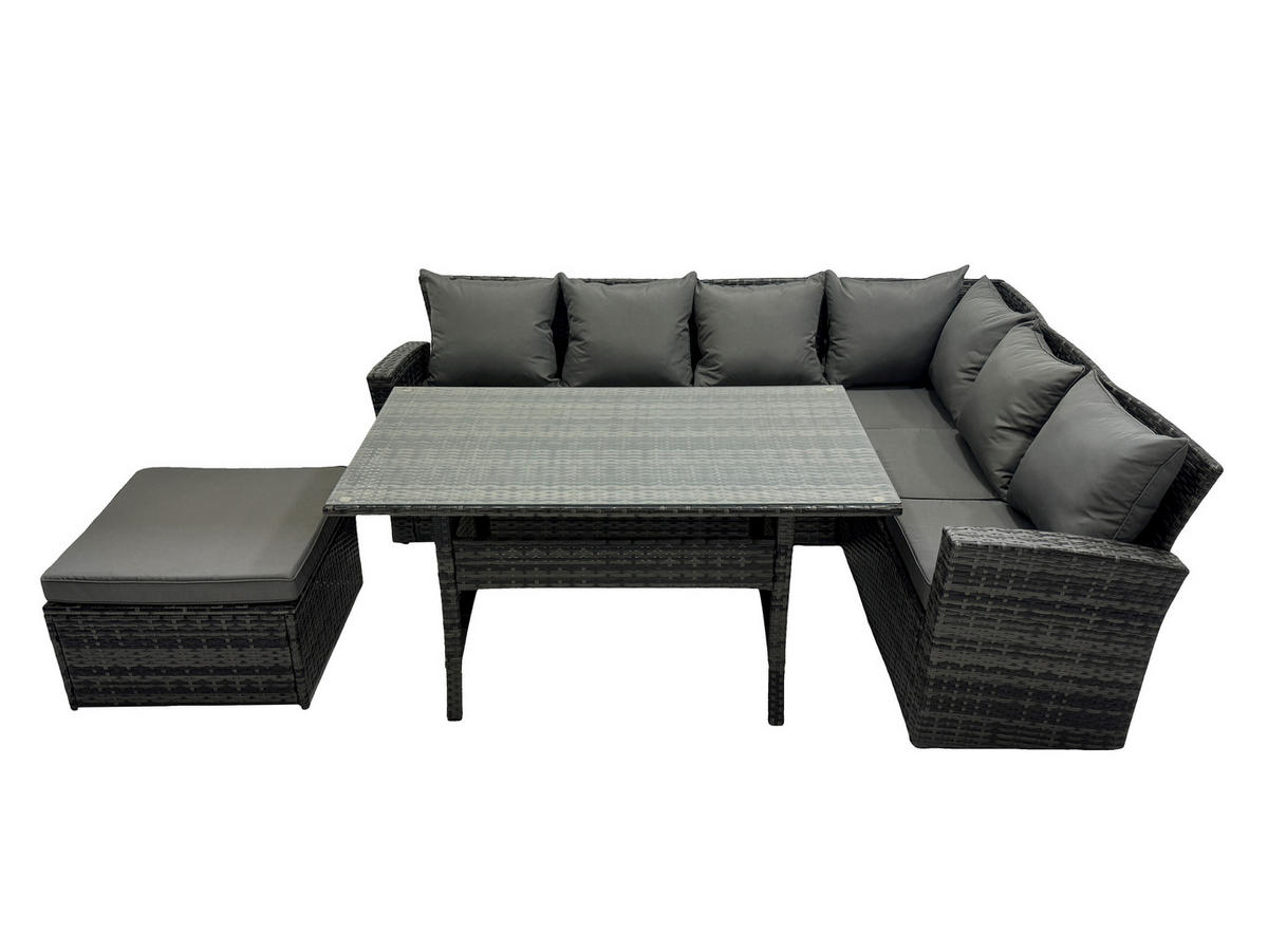 LOUNGEGARNITUR mit Esstisch Sofa Polyrattan Dunkelgrau 7-Sitzer - Dunkelgrau/Grau, Glas/Kunststoff - Fimous