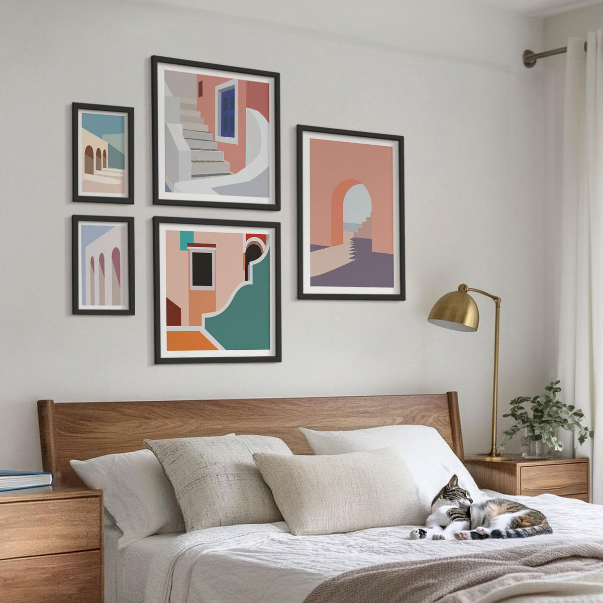 WANDBILDER 5er-Set - 50x50 cm & 20x30 cm & 40x60 cm Schwarzer Rahmen - Minimalistische Pastellgrafiken - Schwarz, Kunststoff (40/60cm) - ArtPrintCave