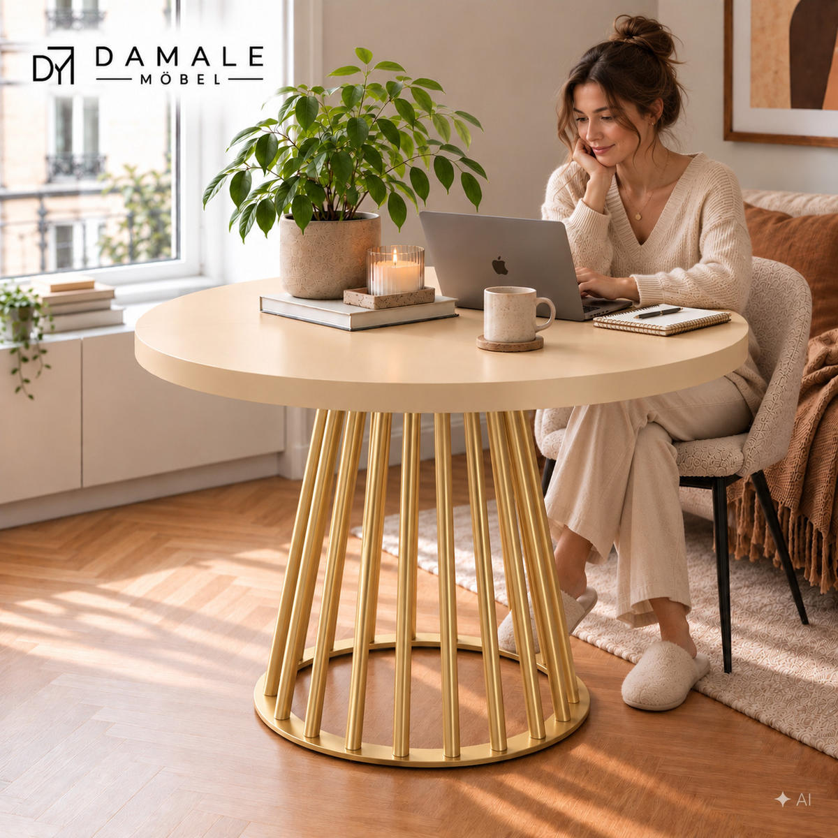 ESSTISCH rund ausziehbar 90/190/76 cm, Kaschmir, 54 cm Tischplatte + Lamellen-Metallgestell Gold - Kaschmir/Goldfarben, Holzwerkstoff/Metall (90/190/76cm) - Damale Möbel