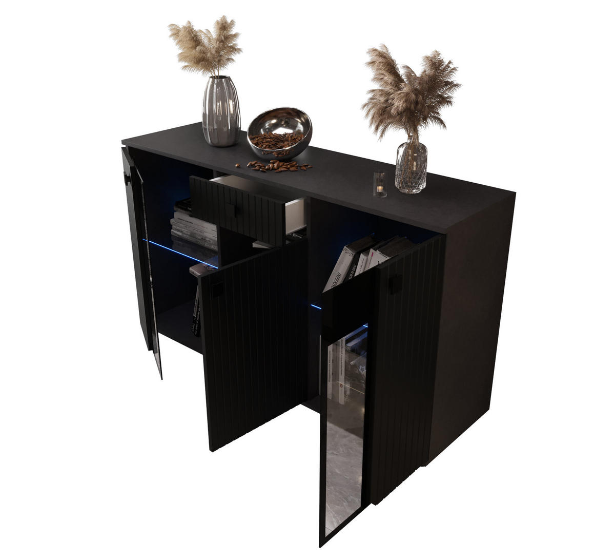 KOMMODE London LSMK LAMELE mit 3 Türen, Sideboard in Farbe: Schwraz, Größe: 140 x 80 x 40 cm - Schwarz, Holzwerkstoff (140/80/40cm) - O-Sofa