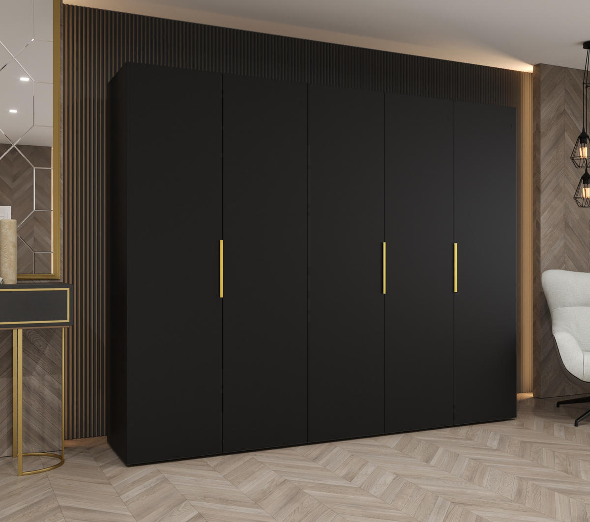 DREHTÜRENSCHRANK 202/250/52 5-türig - Goldfarben/Schwarz, Holz (250/202/52cm) - MÖBEL KRYSPOL