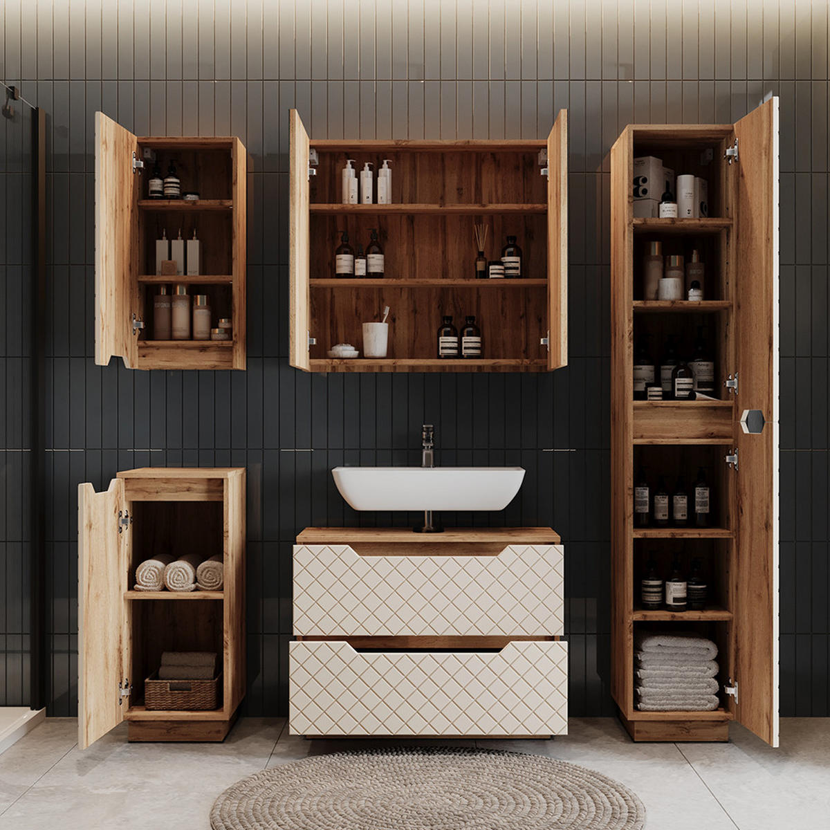 WASCHBECKENUNTERSCHRANK Lotta Eiche/Kaschmir mit Kachelstruktur 79.6 x 62.5 cm mit 2 Schubladen - Kaschmir/Eichefarben, Holzwerkstoff (79.6/62.5/32cm) - Vicco