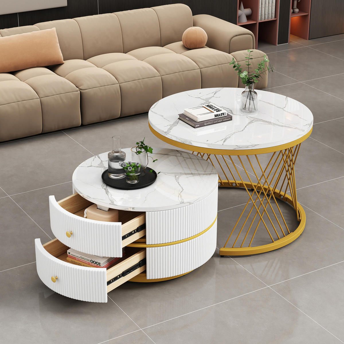 KLUB stolići set 60/60/46 i 50/50/30,8 cm bijeli od MDF-a s izgledom mramora i 2 ladice - bijela, drvni materijal (60/60/46cm) - OKWISH