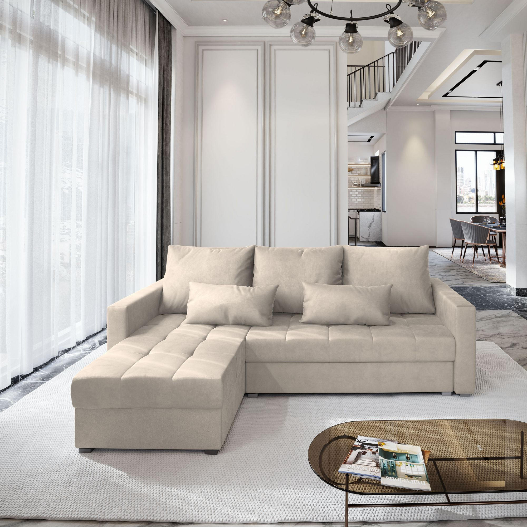 ECKSOFA KOS PIK M Creme Velours-Stoff mit Schlaffunktion - Creme, Holz (220/140cm) - MASSENO