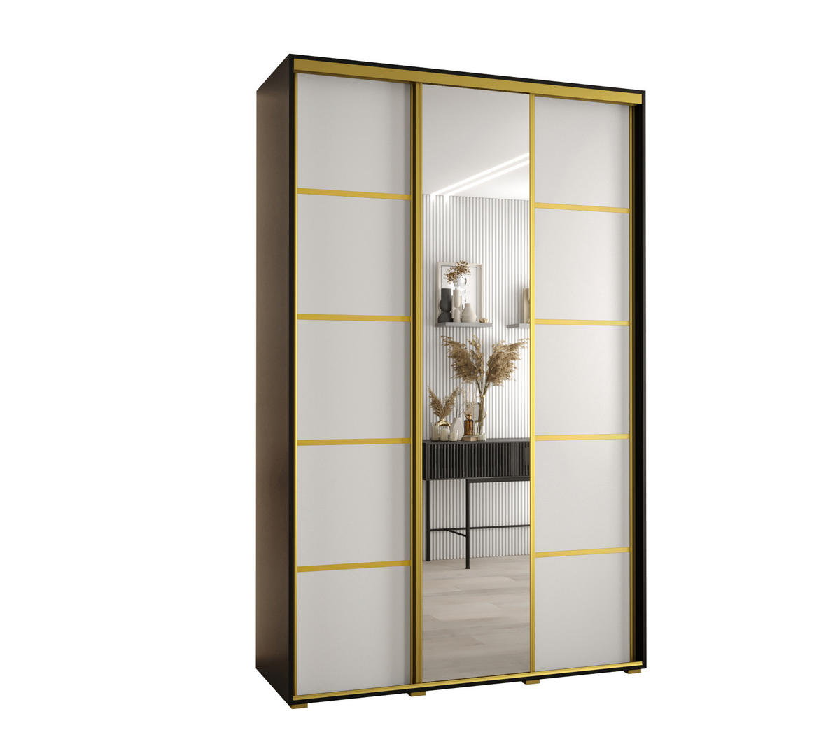SCHWEBETÜRENSCHRANK 235,2/160/45 3-türig - Goldfarben/Schwarz, Holz/Metall (160/235/45cm) - Abiks Möbel