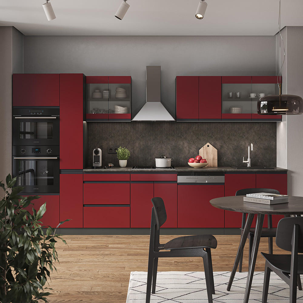 KÜCHENZEILE R-Line Rot/Anthrazit 350 cm J-Shape mit Hochschrank ohne AP - Rotbraun/Anthrazit, Holzwerkstoff (350/81.6/46cm) - Vicco