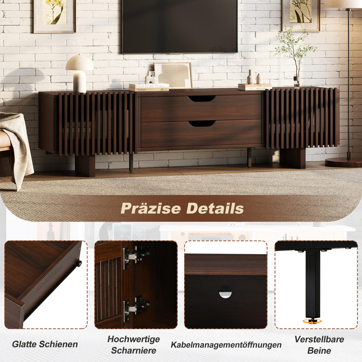 TV ormarić od MDF-a 180x40x45 cm tamni orah s 2 ladice i lamelnim vratima, za TV do 75 inča - smeđa, drvni materijal (180/45/40cm) - Modfu
