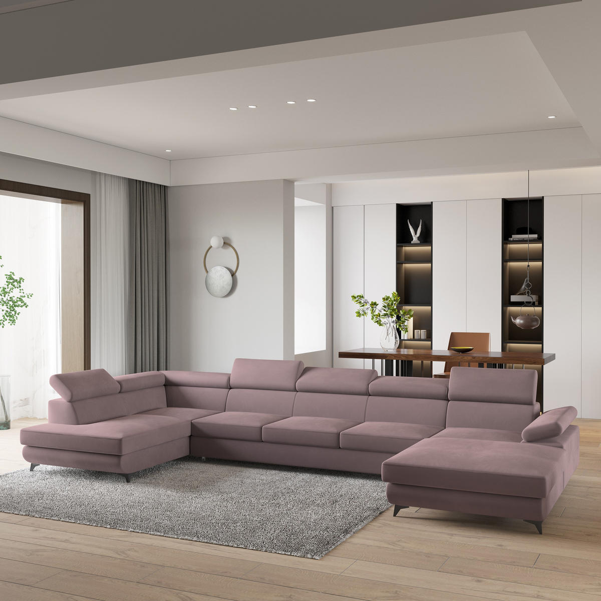 WOHNLANDSCHAFT MONTIVA Lila Velours-Stoff mit Schlaffunktion - Lila, Holz (410/89/190cm) - MASSENO