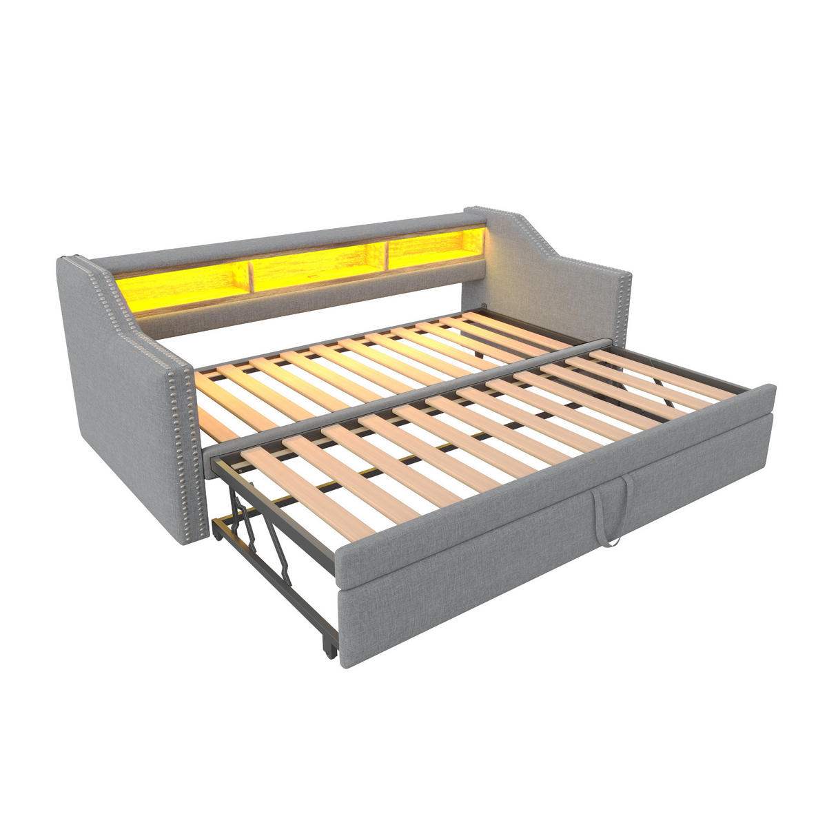 AUSZIEHBETT 90/180×190 cm Hellgrau mit LED-Beleuchtung und USB-Anschluss - Hellgrau, Textil (90/190cm) - Flora Grace