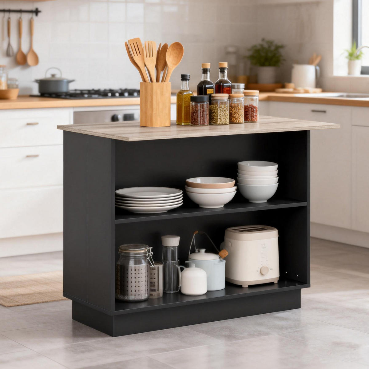 KÜCHENINSEL DE-11081 Verstellbares Regal Schwarz - Schwarz, Holzwerkstoff (105/82/60cm) - ComfortXL