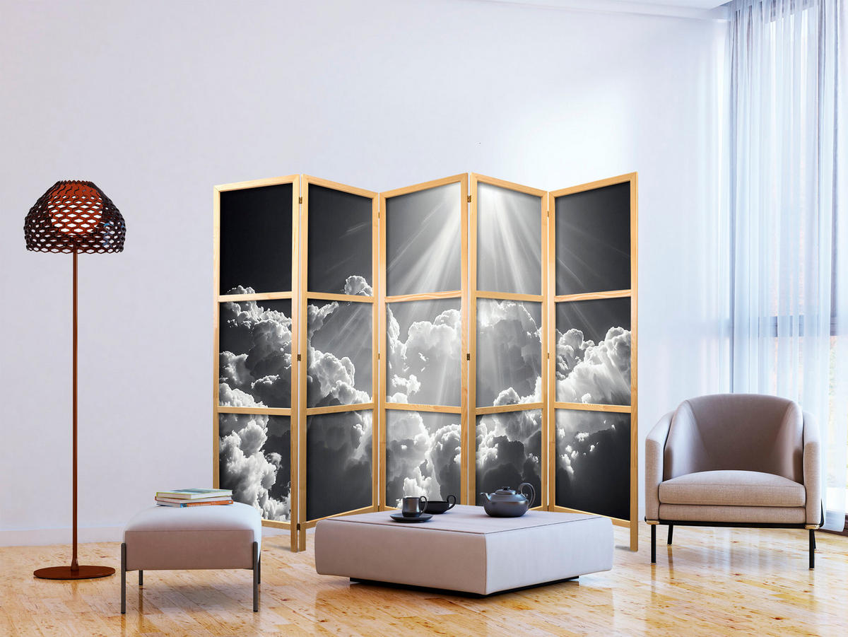 PARAVENT Japanischer 5-tlg 225x172 cm Wolken Himmel - Schwarz, Holz/Textil (225/172/3cm) - Muralo