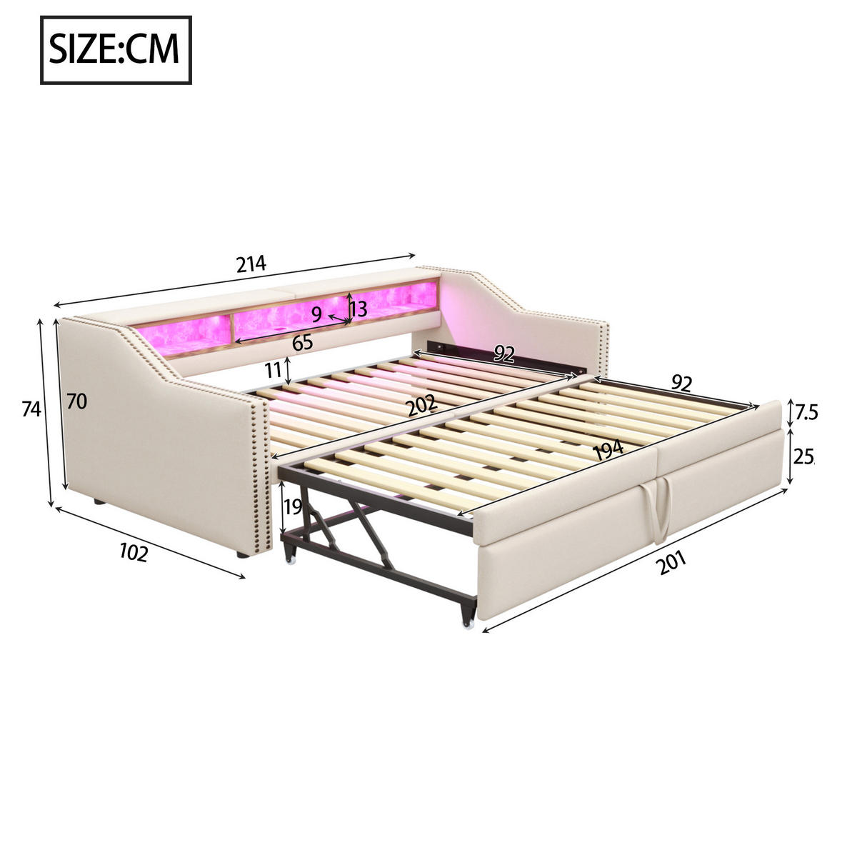 ČALÚNENÁ posteľ 90/180 x 200 cm s výsuvným lôžkom, úložnými priehradkami, LED osvetlením a USB portom, Béžová - béžová, textil (90/200cm) - Redom
