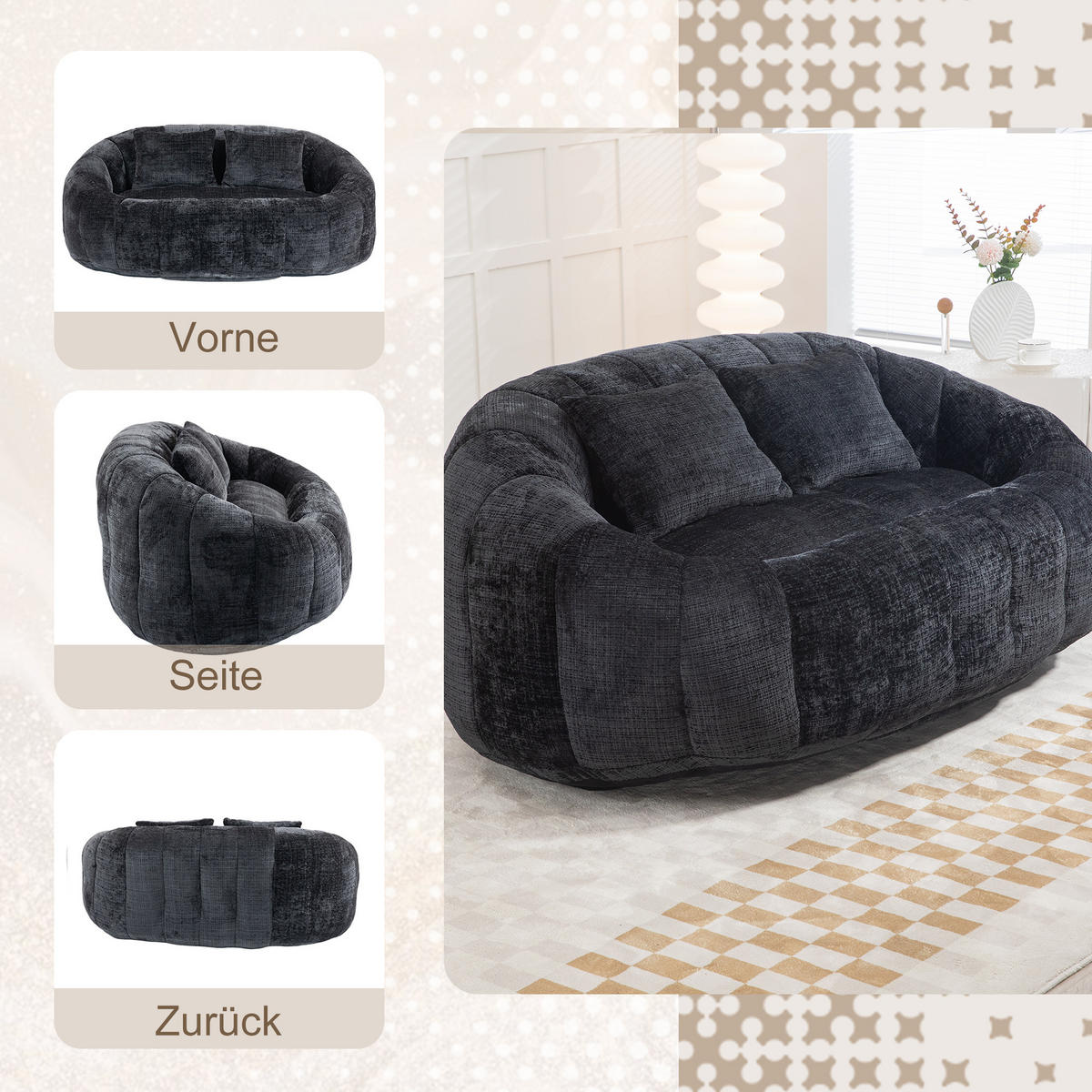 BEAN BAG SOFA – Komfortabler Lazy Lounger mit hochdichtem Memory - Schwarz, Textil (150/63/95cm) - Urban Meuble