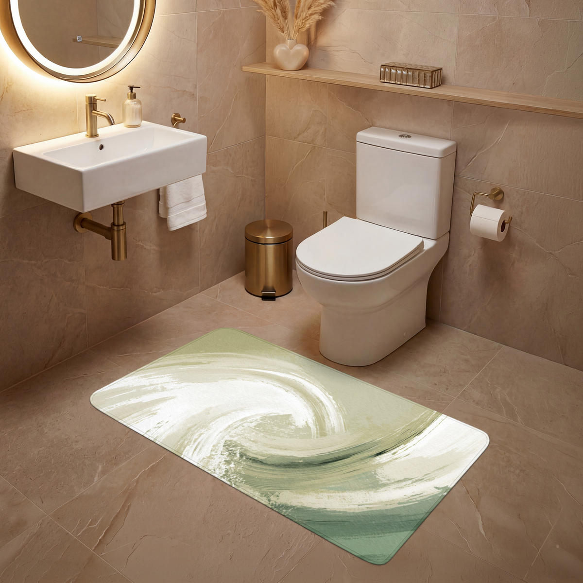 WC PŘEDLOŽKA Abstraktní - Tahy štětcem - Vlny - Zelená 120x60 cm - mátově zelená, textil/plast (120/1cm) - OnlyWow