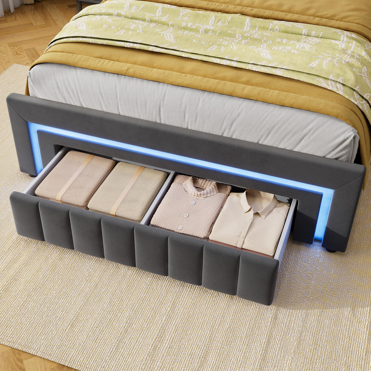 POLSTERBETT 140/200 cm Grau mit LED und Hydraulik - Anthrazit, Textil (140/200cm) - MIVRAY