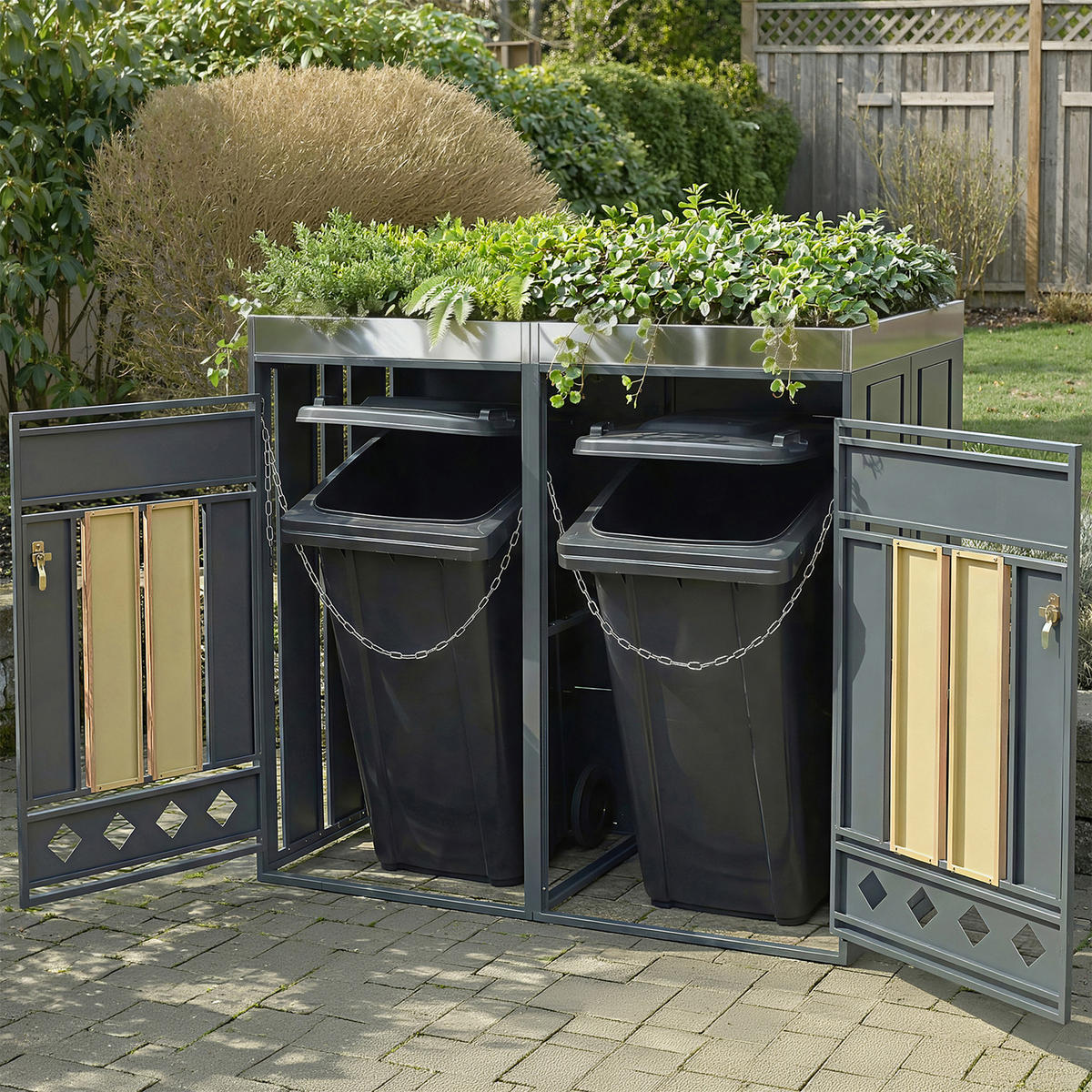 MÜLLTONNENBOX 2 Türen Holzoptik vertikal - Grau, Metall (132/124.5/80cm) - LEBENLANG
