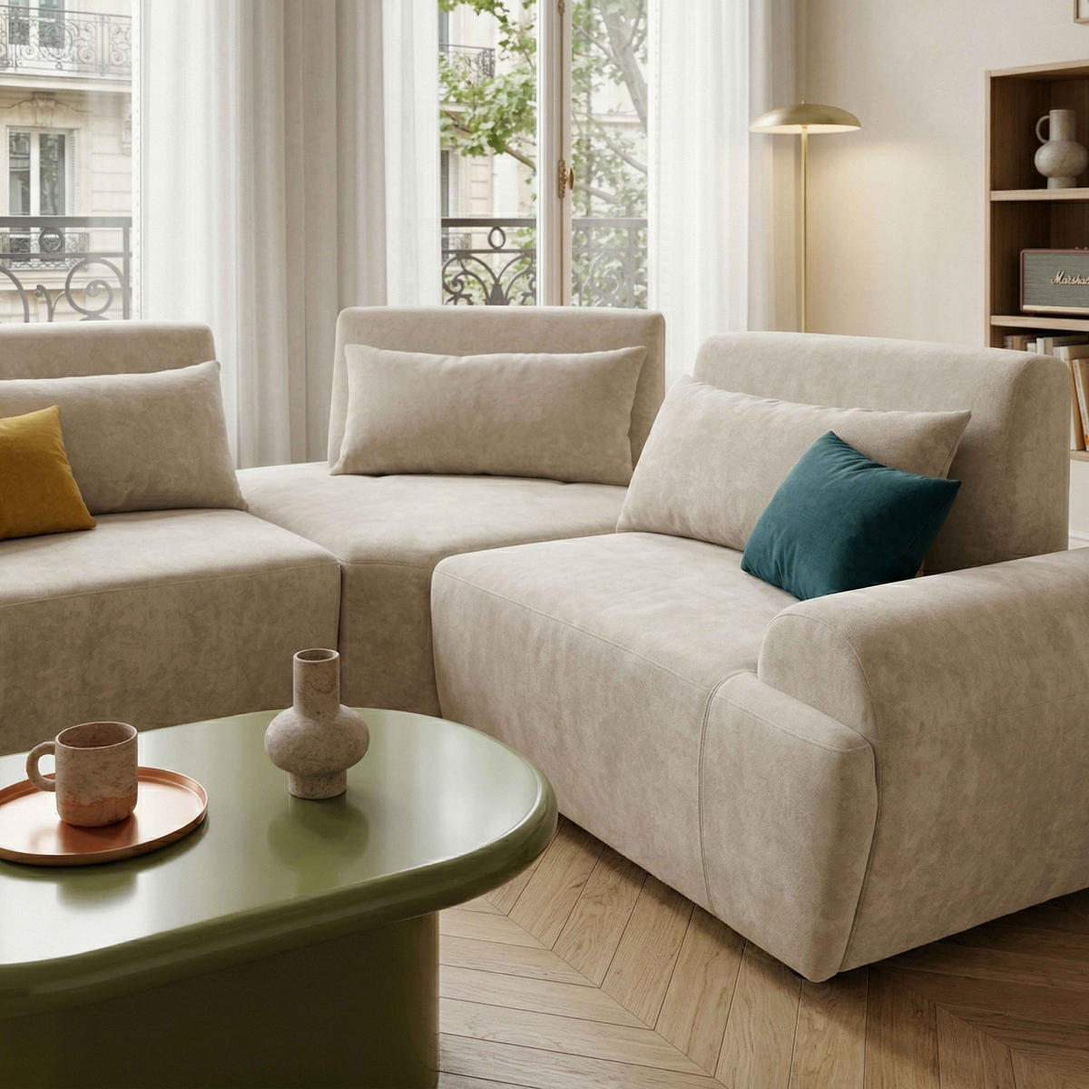ECKSOFA 3-Sitzer, Ekru - Weiß, Textil (231/231cm) - Oviala