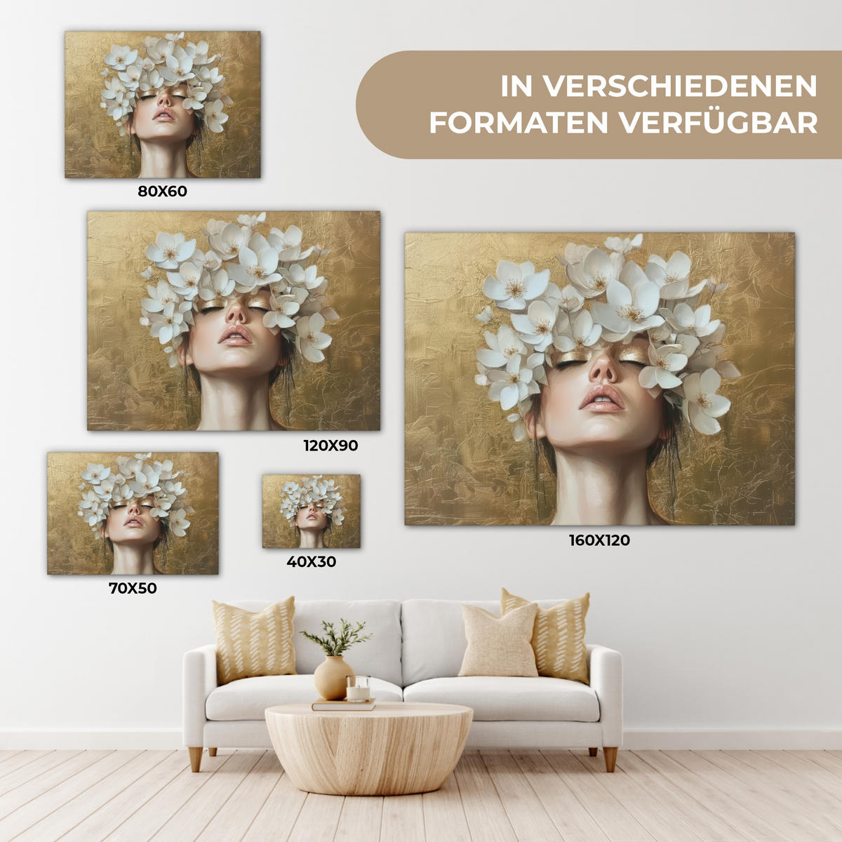 LEINWANDBILD Gesicht - Blumen - Gold - Abstrakt Wandbild 40x30 cm - Goldfarben, Textil (40/30cm) - MuchoWow