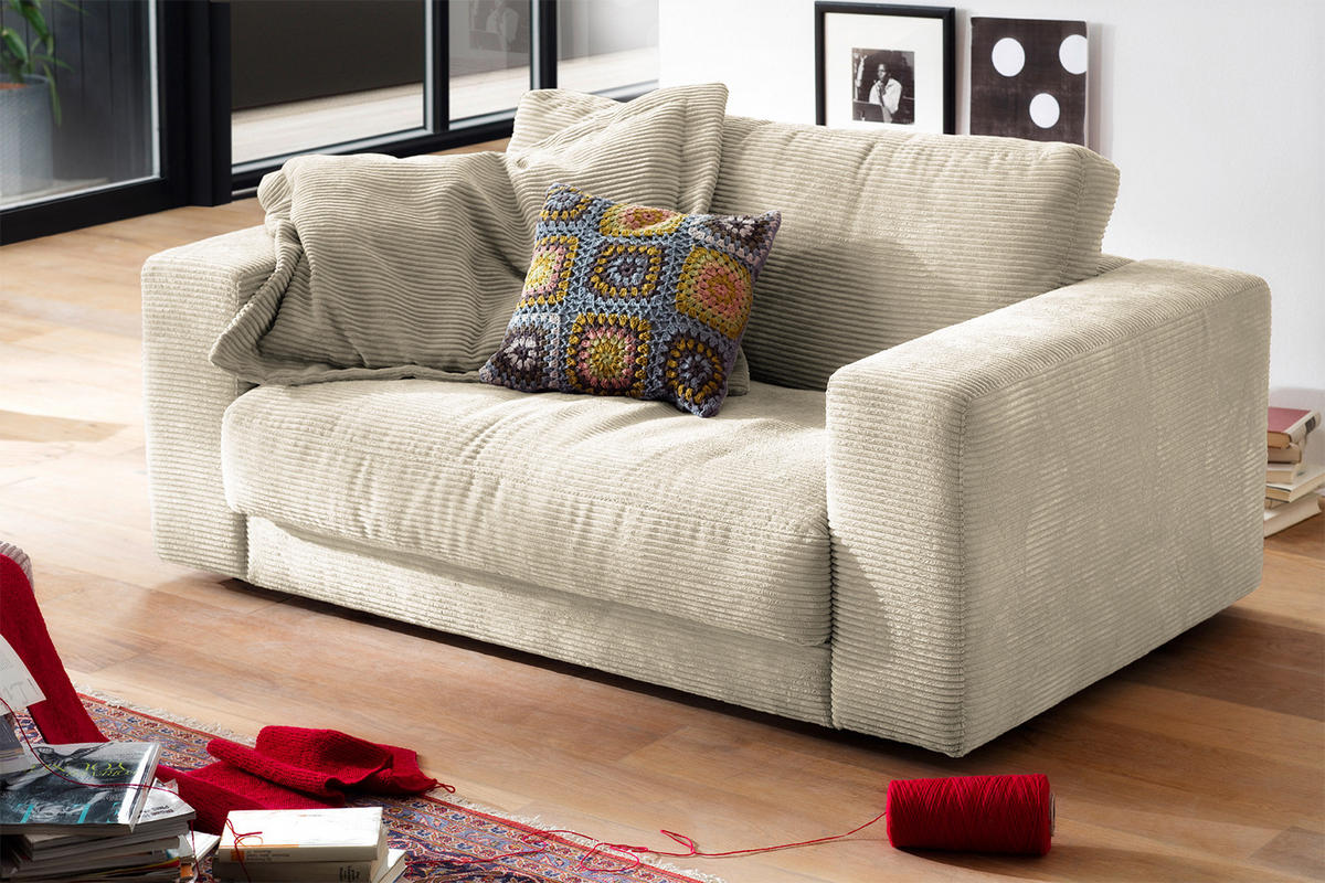 LOVESEAT MADELINE Cremeweiß Cord - Creme/Schwarz, Kunststoff/Textil (170/86/127cm) - KAWOLA