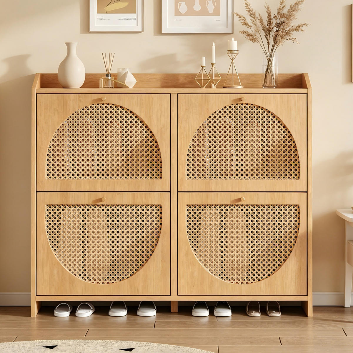 SCHUHSCHRANK Schmal mit 4 Kipptüren, 8 Fächern & Streifendesign 120cm - Naturfarben, Holzwerkstoff (120/90/24cm) - Urban Meuble