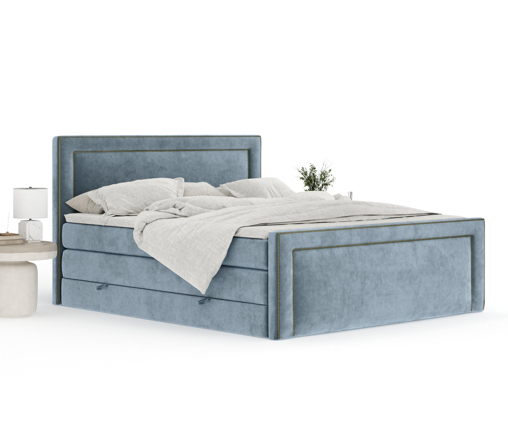 Thumbnail - Maison de Reve Boxspringbett, Blaugrau, Textil, Buche, Kiefer, H3 + H4, 7-Zonen, Höhe ca. 40 cm, 140x200 cm, Handmade in...