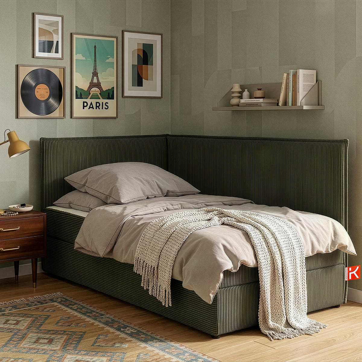 JUGENDBETT ROTI Einzelbett mit Bettkasten, 90x200cm, Bett mit Bonellmatratze, mit Rückenlehne - Schwarz/Olivgrün, Holz/Holzwerkstoff (92/200cm) - KONSIMO®