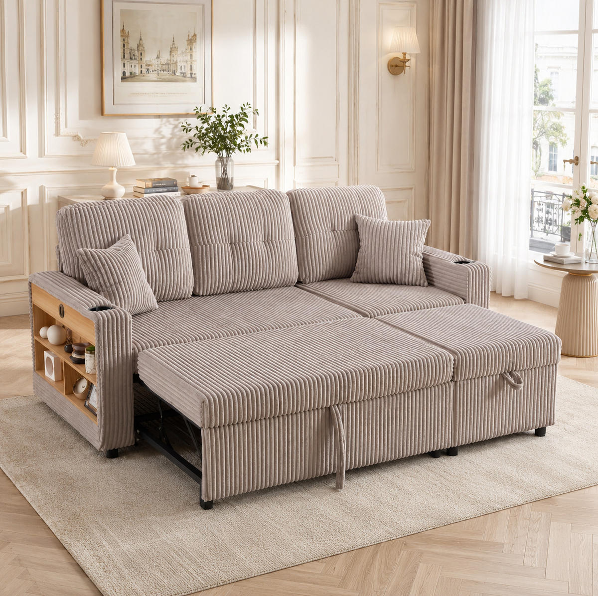 SCHLAFSOFA 196/82-144/85 cm aus Cord mit Stauraum, USB-C und LED-Beleuchtung Hellgrau - Hellgrau, Textil (82/85/196cm) - Modenvie
