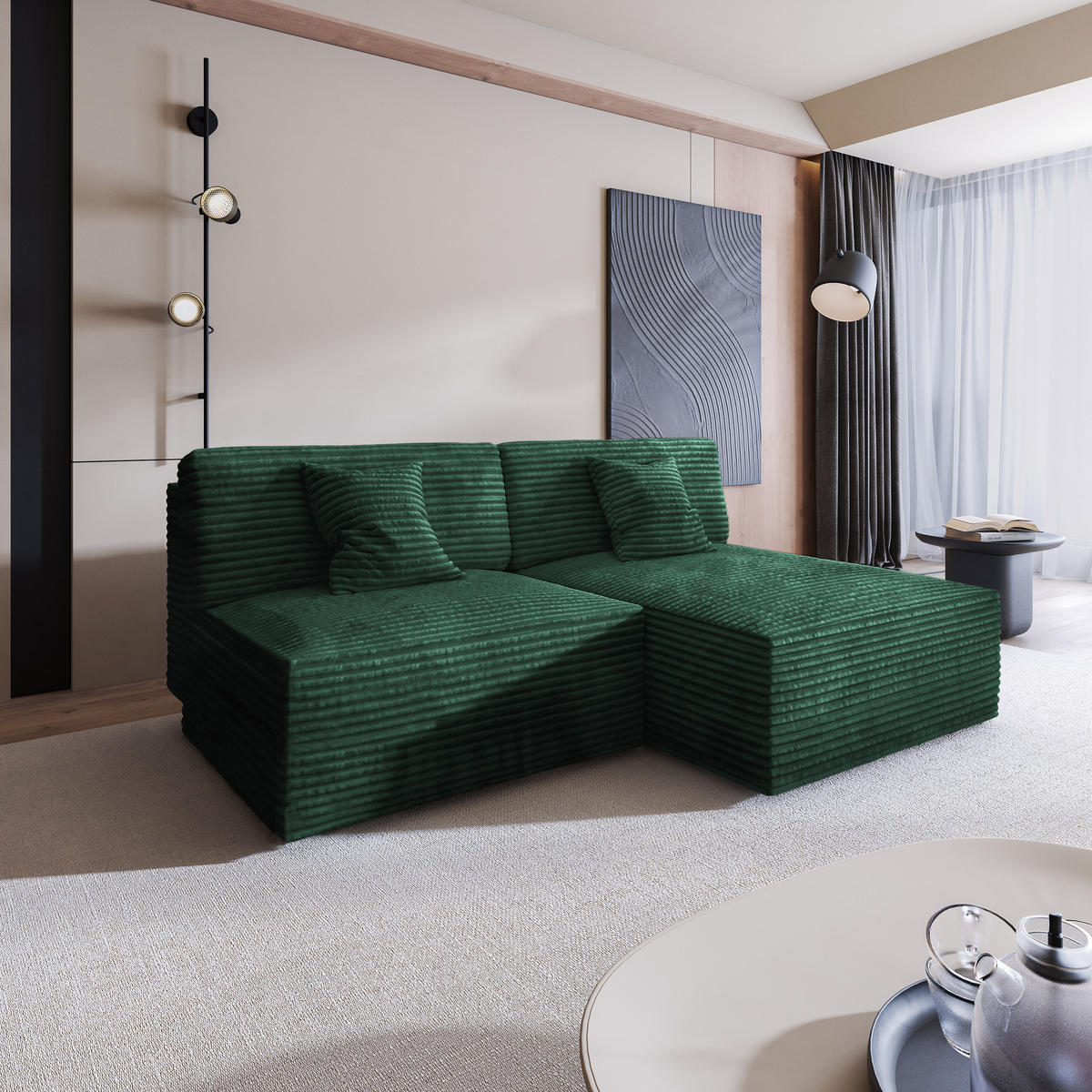ECKSOFA FIORO Grün Kordstoff mit Schlaffunktion - Grün, Holz (204/148cm) - MASSENO