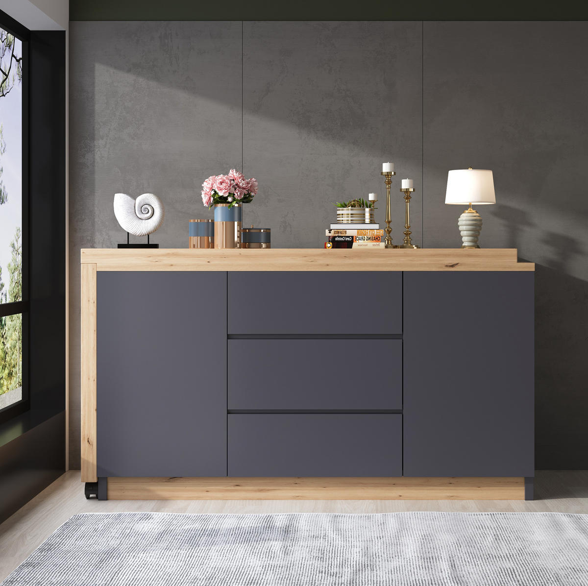 SCHREIBTISCH 120/50/76,5 cm drehbar & klappbar mit 3 Schubladen - Grau, Holzwerkstoff (120/50/76.5cm) - BEAOK