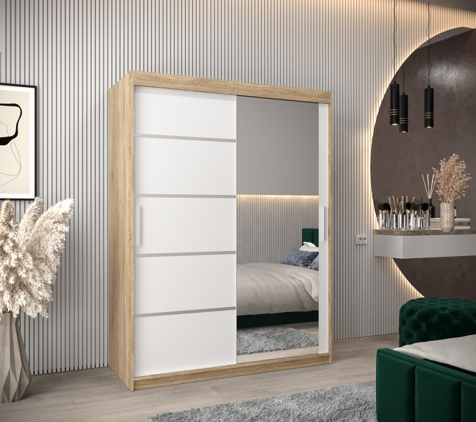 SCHWEBETÜRENSCHRANK 200/150/62 2-türig - Silberfarben/Weiß, Holz/Kunststoff (150/200/62cm) - Abiks Möbel