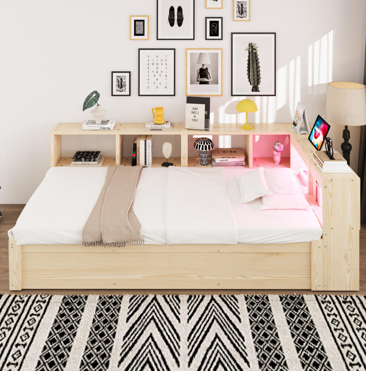 BETT 90/200 cm aus MDF mit LED und Stauraum Naturholz - Naturfarben, Holzwerkstoff (90/200cm) - OKMYHOME