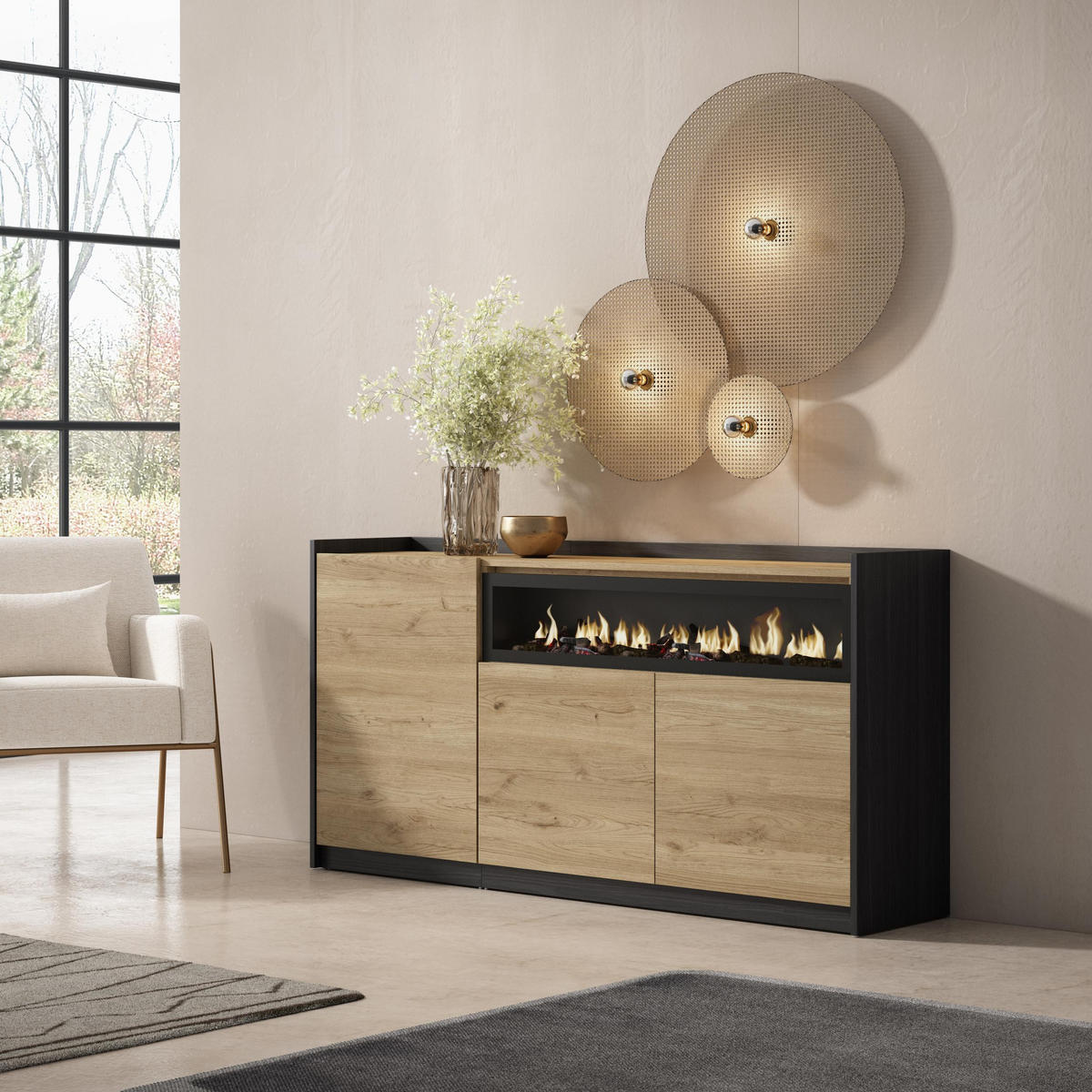 SIDEBOARD, Highboard, Eiche Schwarz, Elektrokamin, 156/37/80cm - Eichefarben, Holzwerkstoff (156/80/37cm) - Skraut Home
