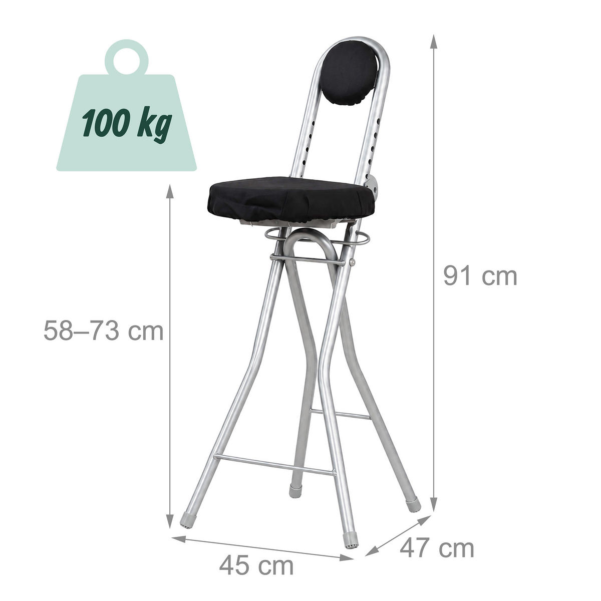 STOLIČKA Čierna strieborná výškovo nastaviteľná - viacfarebná, kov/textil (45/91/47cm) - Relaxdays