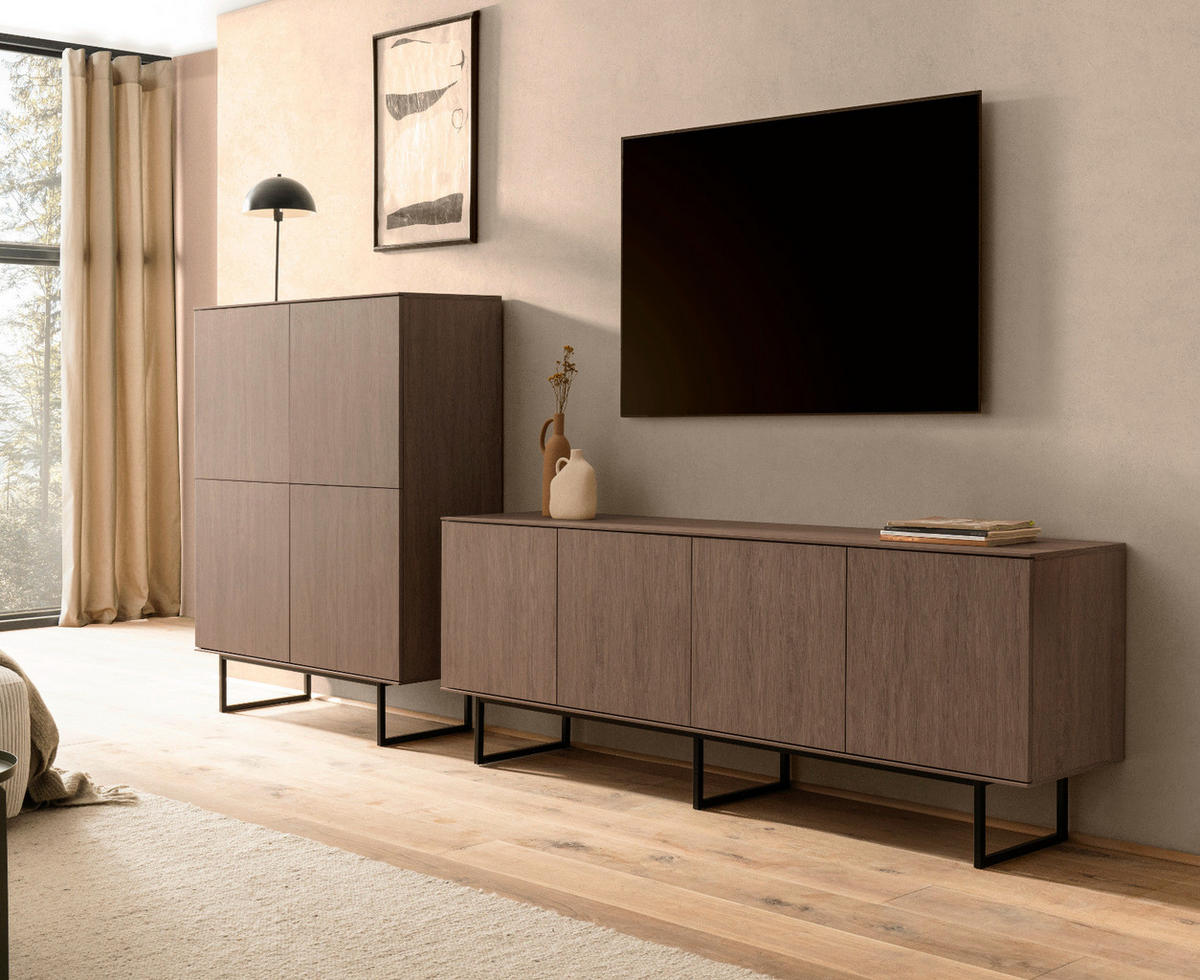 WOHNWAND in Nussbaum 2-teilig 330 cm, Komplett-Set mit Push-to-Open - Nussbaumfarben/Schwarz, Holzwerkstoff/Metall (330/137/40cm) - Furn.Design