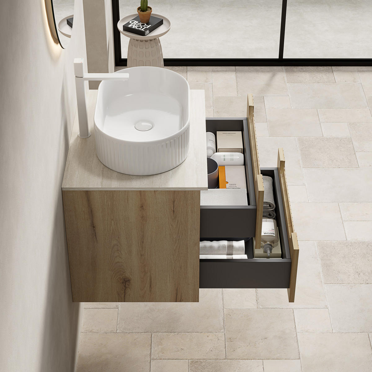 WASCHTISCH mit Doppel-Schublade Keramik Sinterstein White Oak - Weiß, Holzwerkstoff (46/62.2/60cm) - Beauniv