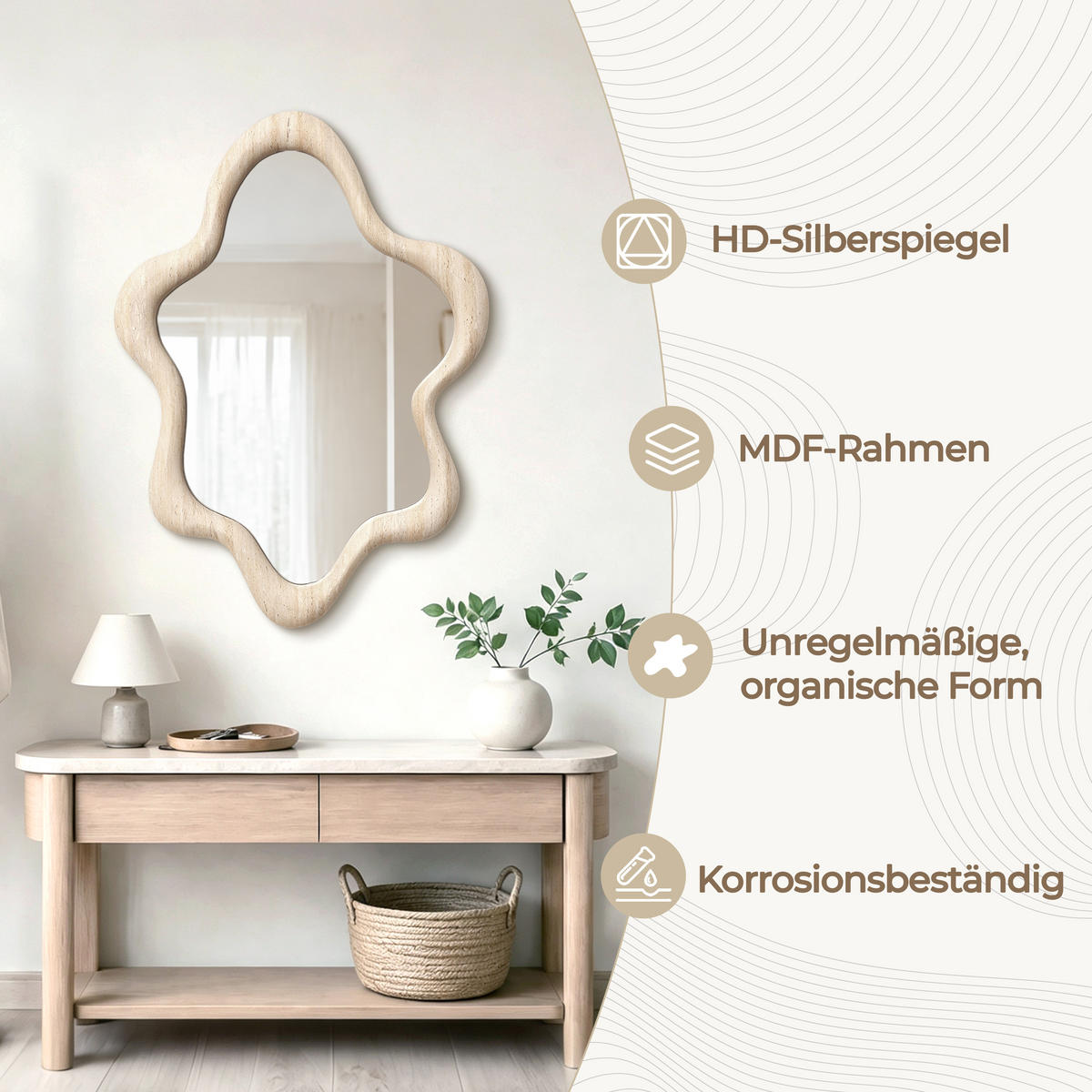 SPIEGEL Asymmetrischer mit Holzrahmen 70×50 cm - Beige, Glas/Holz (50.5/4.5/70cm)