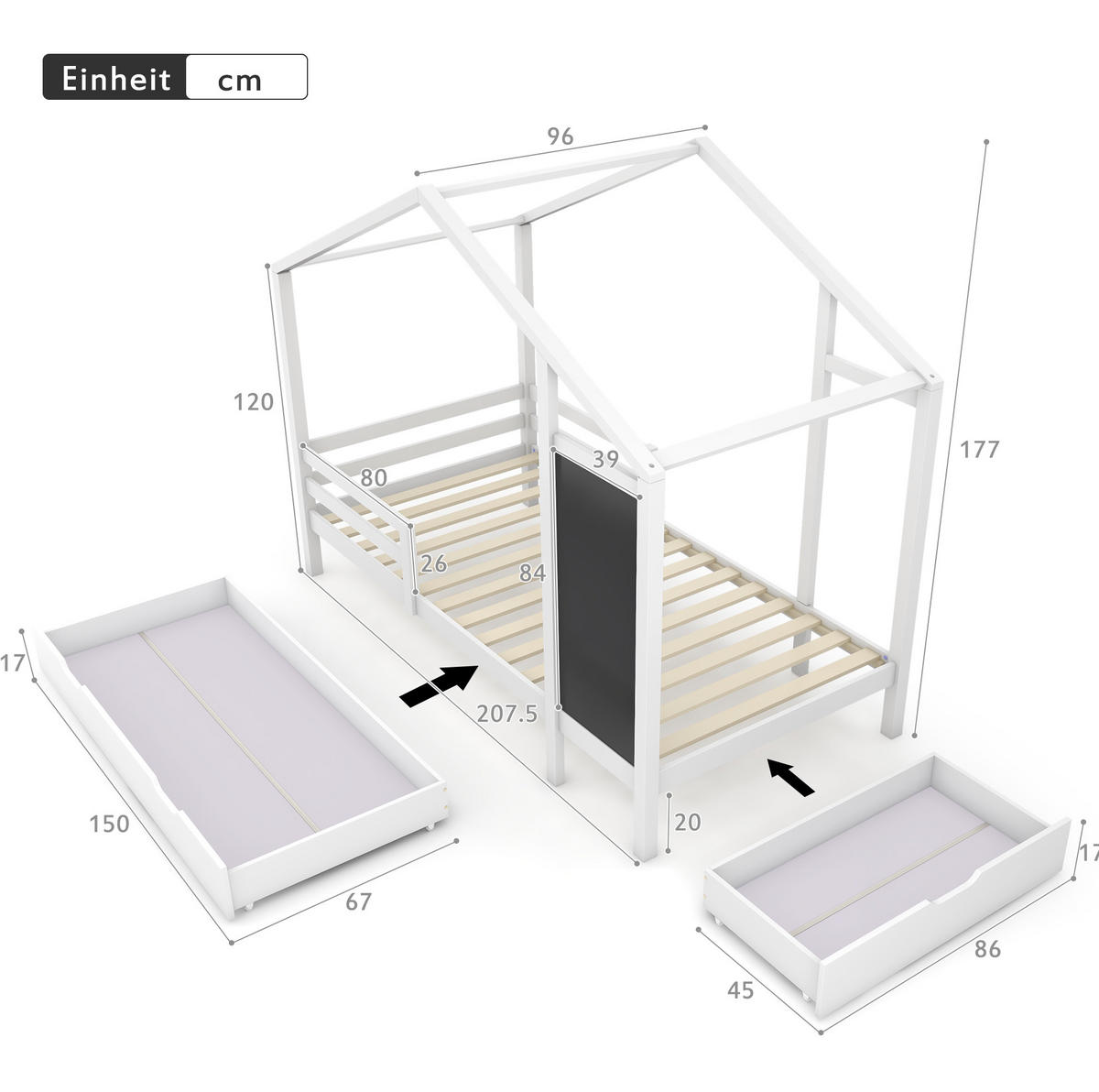 HAUSBETT 90/200 cm in Weiß – mit Dachaufbau, Tafel und 2 Schubladen - Weiß, Holz (90/200cm) - BEAOK