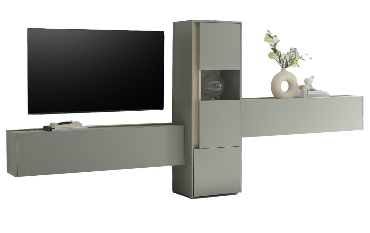 WOHNWAND 3-teilig in Salbei grün, Barista Eiche 350, Komplett-Set mit viel Stauraum - Salbeigrün/Eichefarben, Glas/Holzwerkstoff (350/155/40cm) - Furn.Design