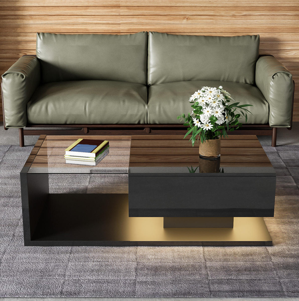COUCHTISCH 105/55 cm in Schwarz Hochglanz mit Glasplatte und LED-Beleuchtung - Schwarz, Holzwerkstoff (105/55/32.5cm) - Flora Grace