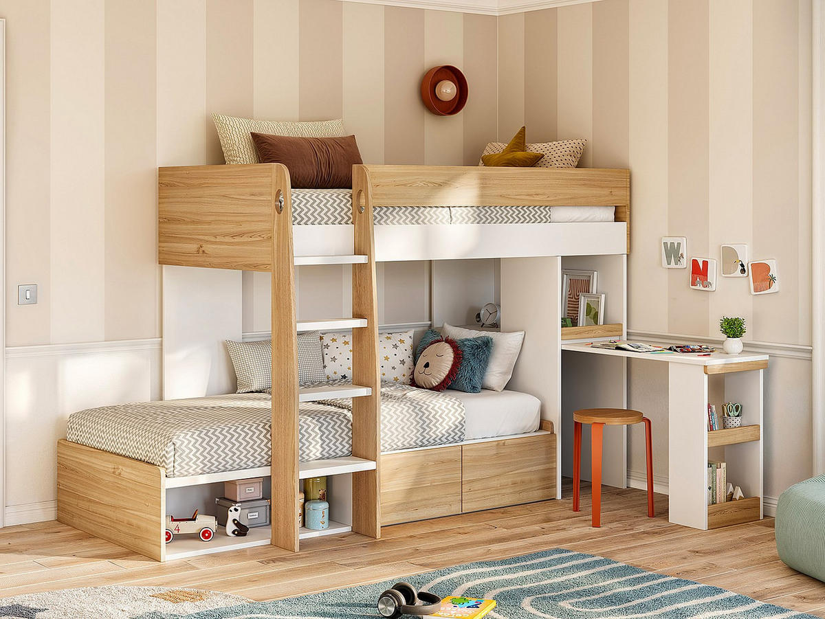 ETAGENBETT - 2 Personen - Holz, Platte - Naturfarben Hell, Weiß - - Naturfarben/Weiß, Holz (90/190cm) - Vente-Unique