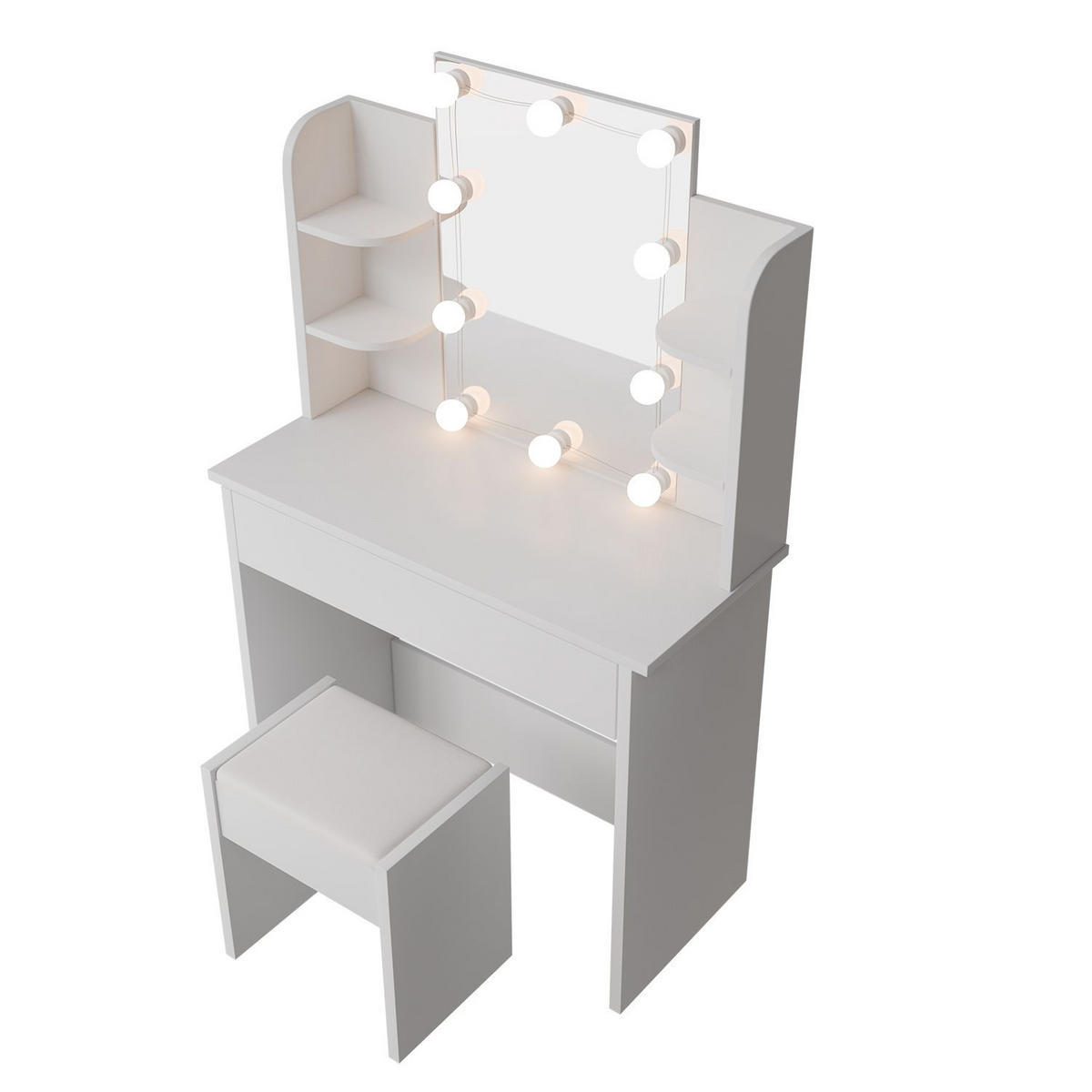 SCHMINKTISCH Zoey LED-Beleuchtung & Hocker Melly - Weiß, Holz (40/140/90cm) - Juskys