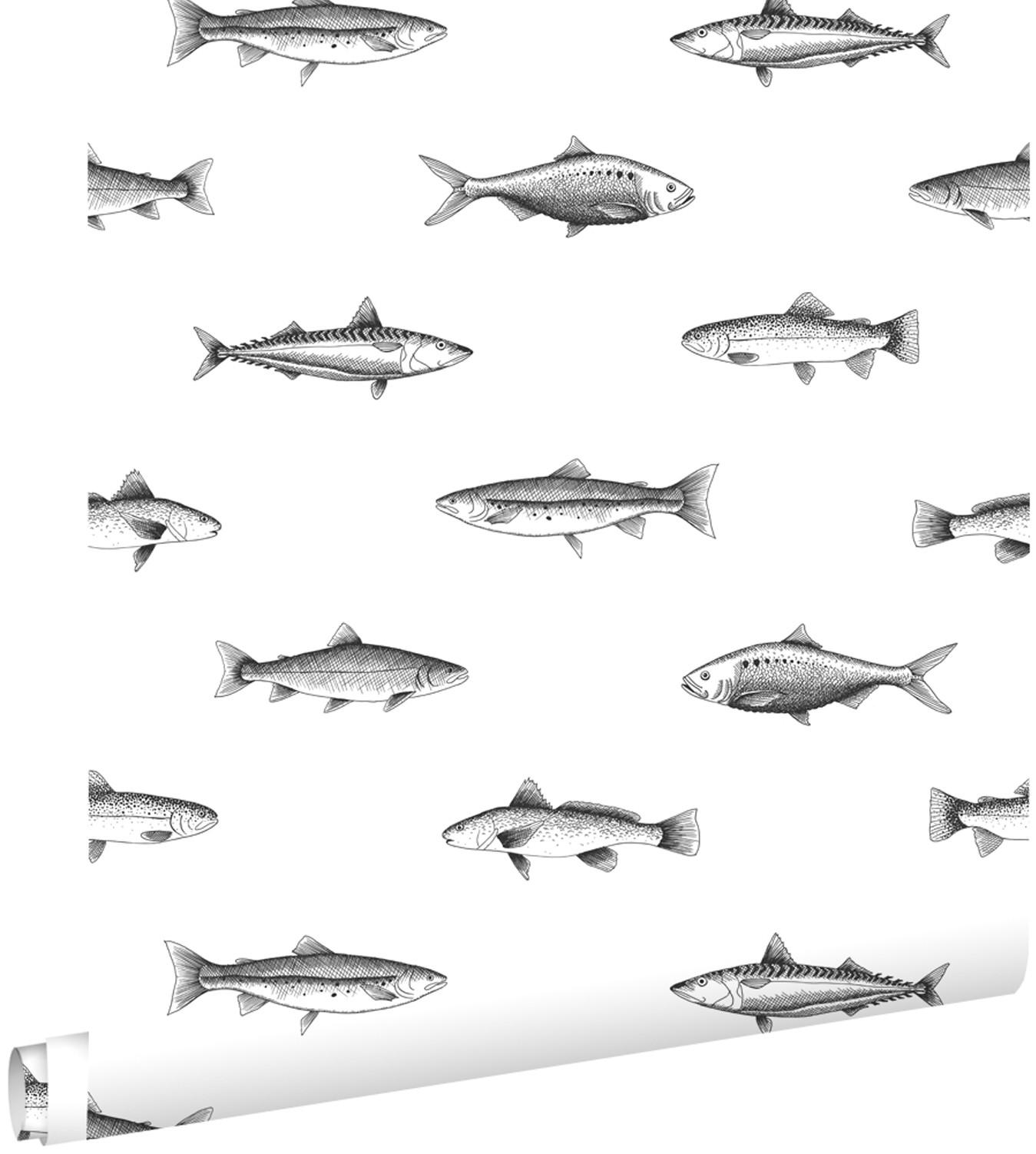 TAPETE Federzeichnung Fisch 53 cm x 10.05 m - Weiß, Papier (53/1000cm) - ESTAhome