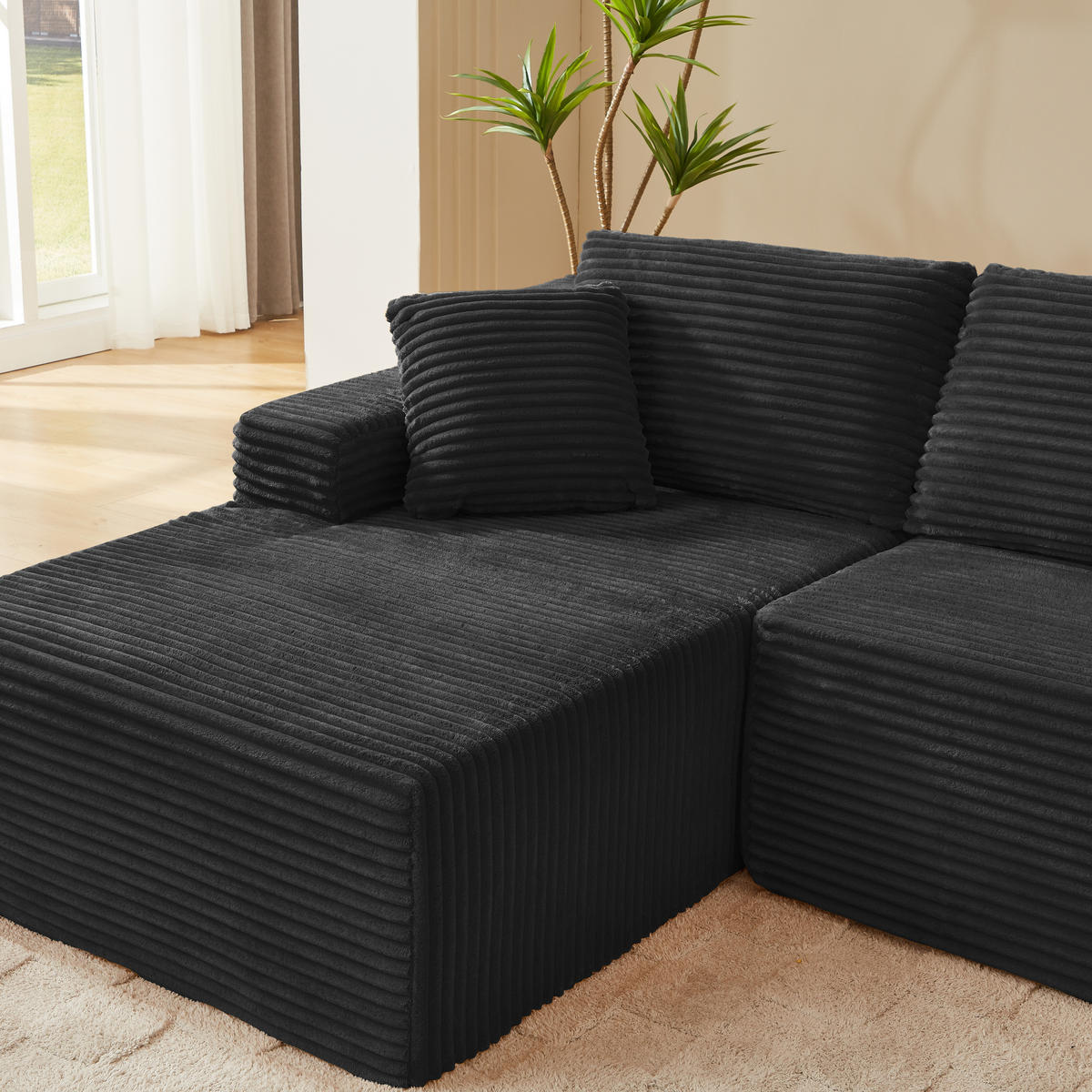 ECKSOFA 3-Sitzer Cord Schwarz mit Rücken- und Nackenkissen - Schwarz, Textil (252.5/163cm) - WISHDOR