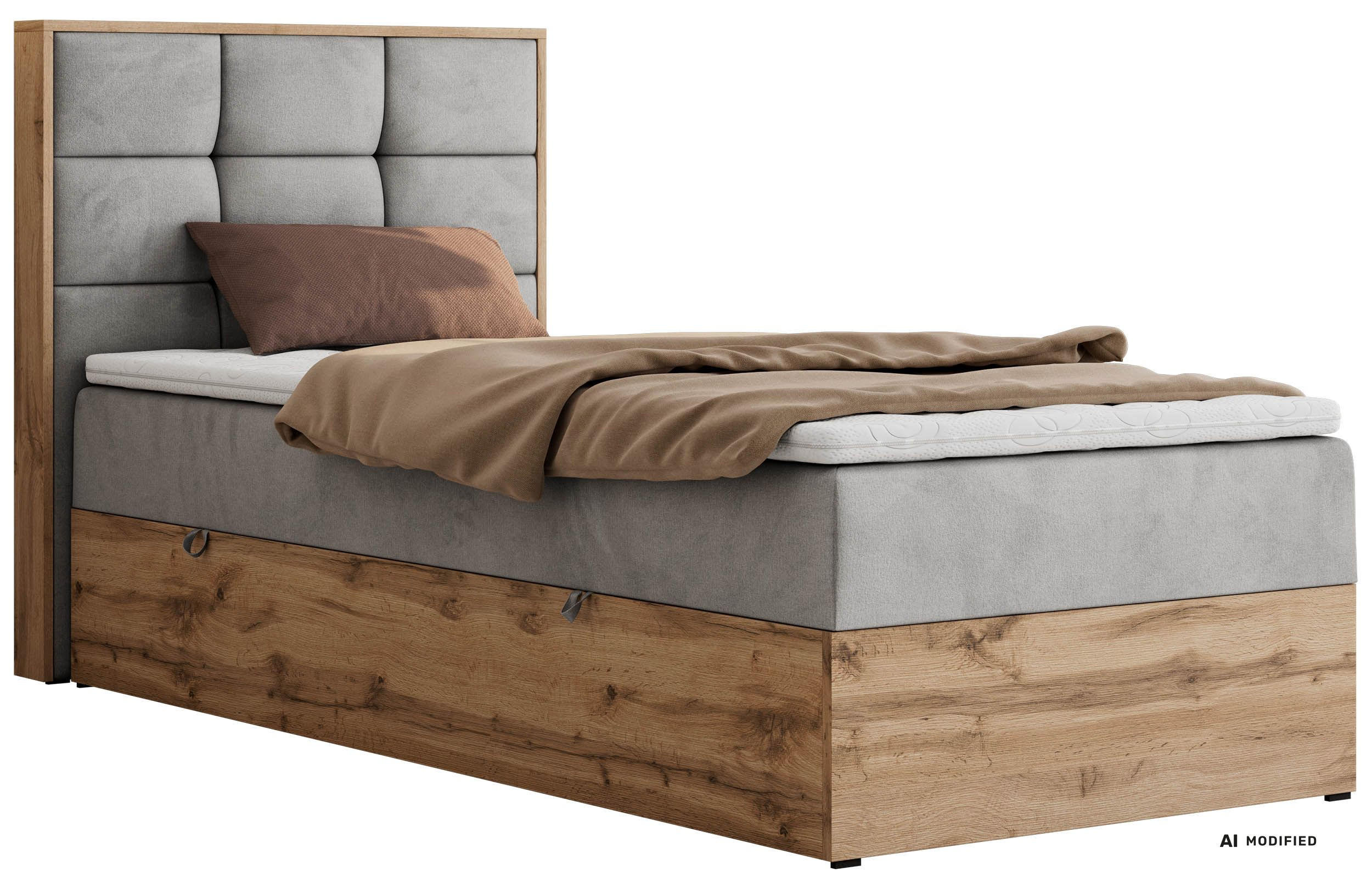 BOXBETT ALBERO 1 90/200 - Hellgrau Velvet - Topper T25 - H3 - Links - Hellgrau/Schwarz, Kunststoff/Textil (90/200cm) - MKS