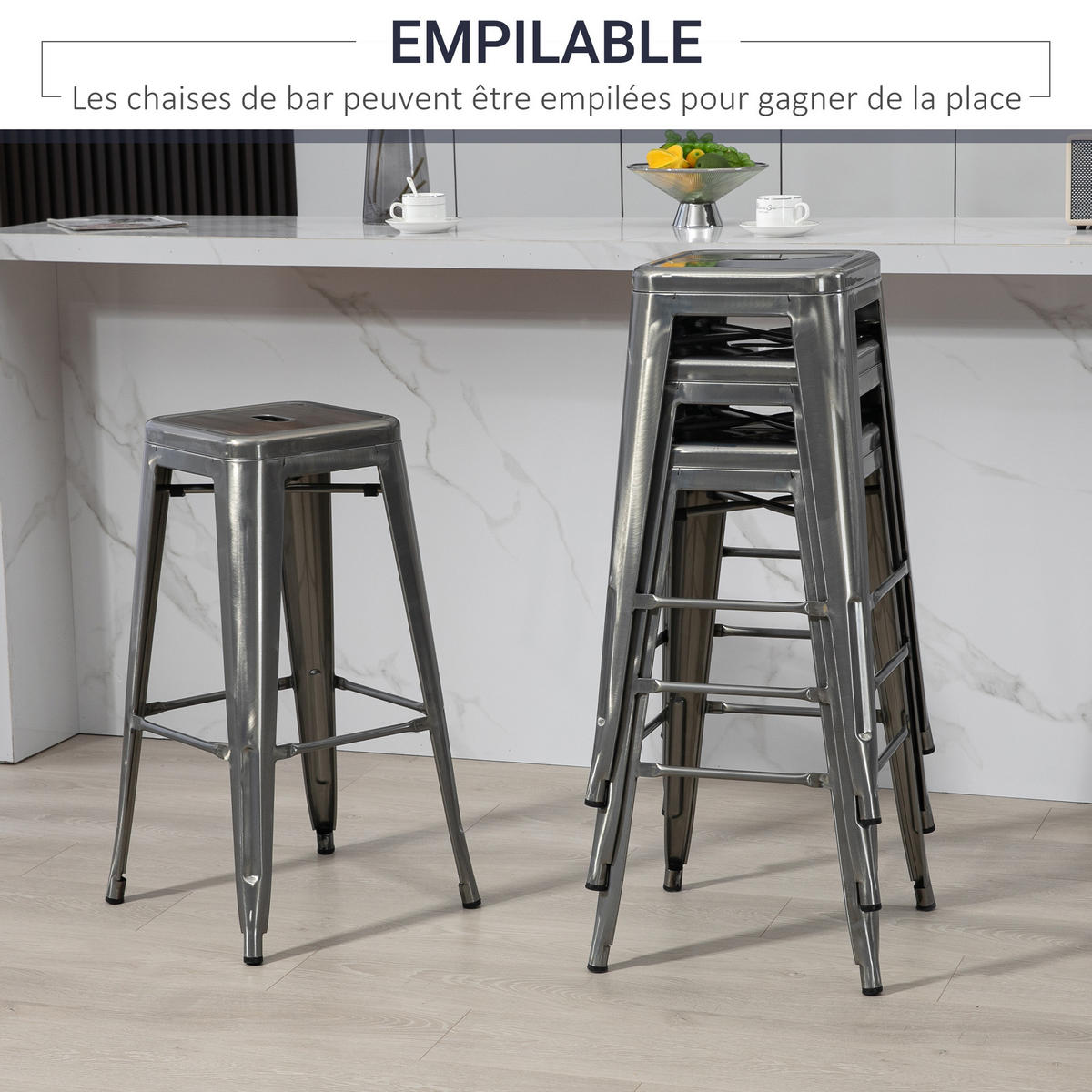 BARHOCKER 4er-Set DE-14729 industriell stapelbar mit Fußstütze Silber - Silberfarben, Metall (43/76/43cm) - ComfortXL