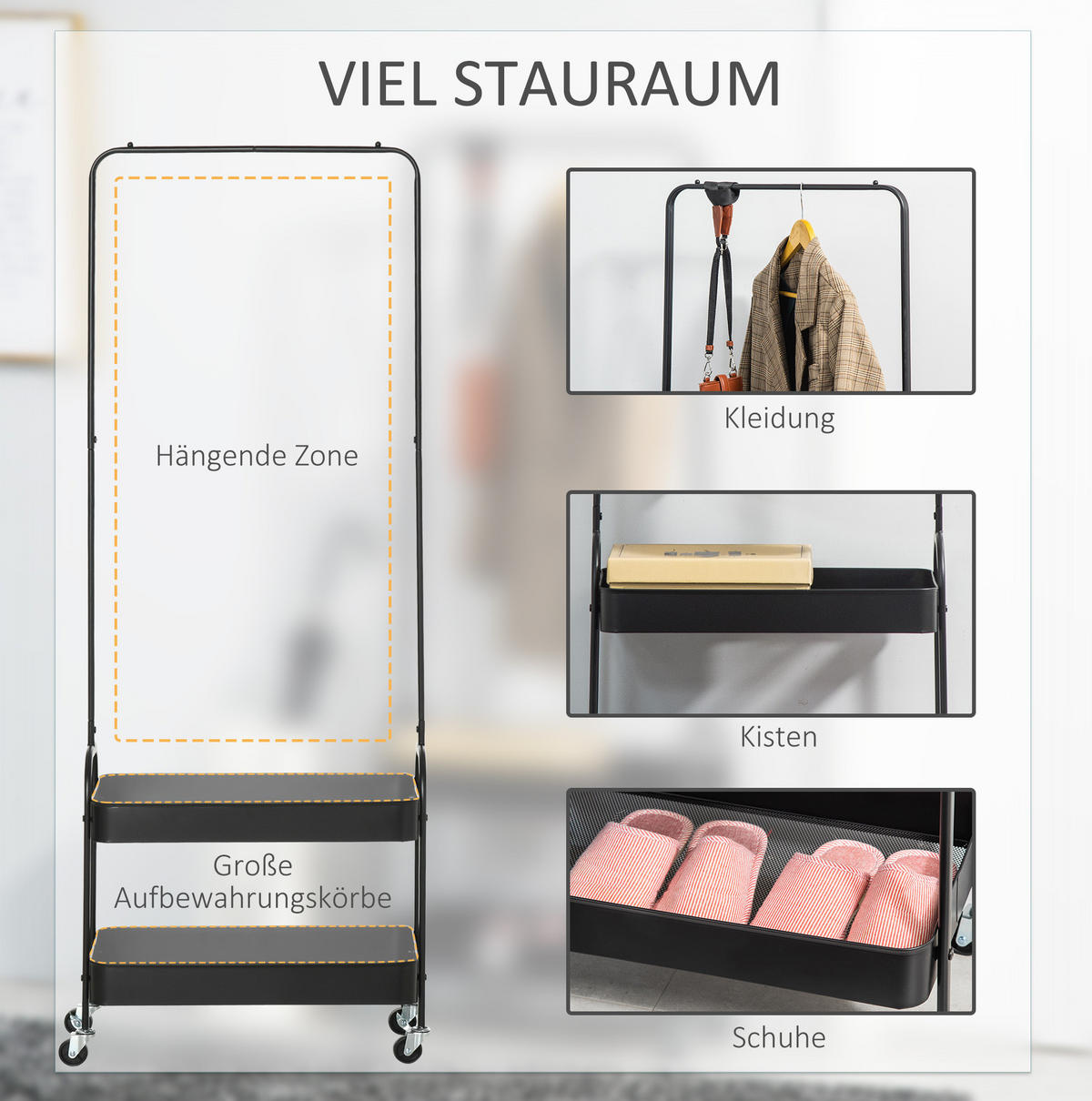 STANDGARDEROBE mit Kleiderstange und 2 Schuhablagen, 56,5/31,5/152,5 cm - Schwarz, Metall (56.5/152.5/31.5cm) - BEAOK
