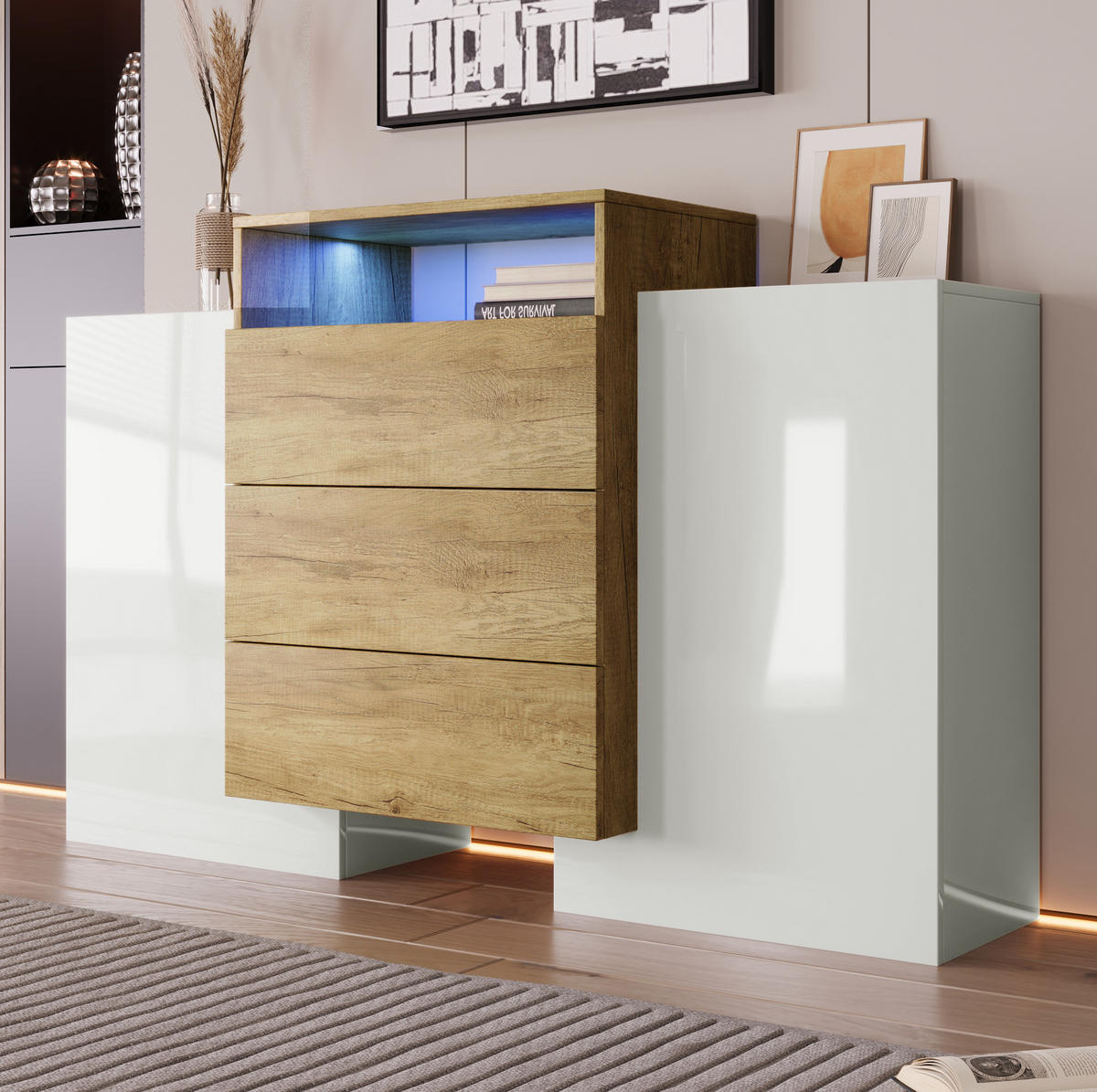 SIDEBOARD 140/30/77,5 cm aus MDF mit LED-Beleuchtung Weiß/Holzfarben - Naturfarben, Holzwerkstoff (140/77/30cm) - Modenvie