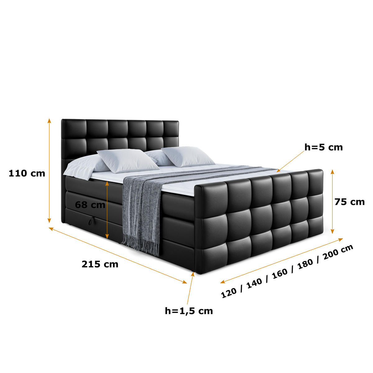 BOXSPRINGBETT APO-Z KING - 140 x 200 - H3/H4 - Schwarz Hochglanz - Schwarz, Holzwerkstoff (140/200cm) - ALTDECOR