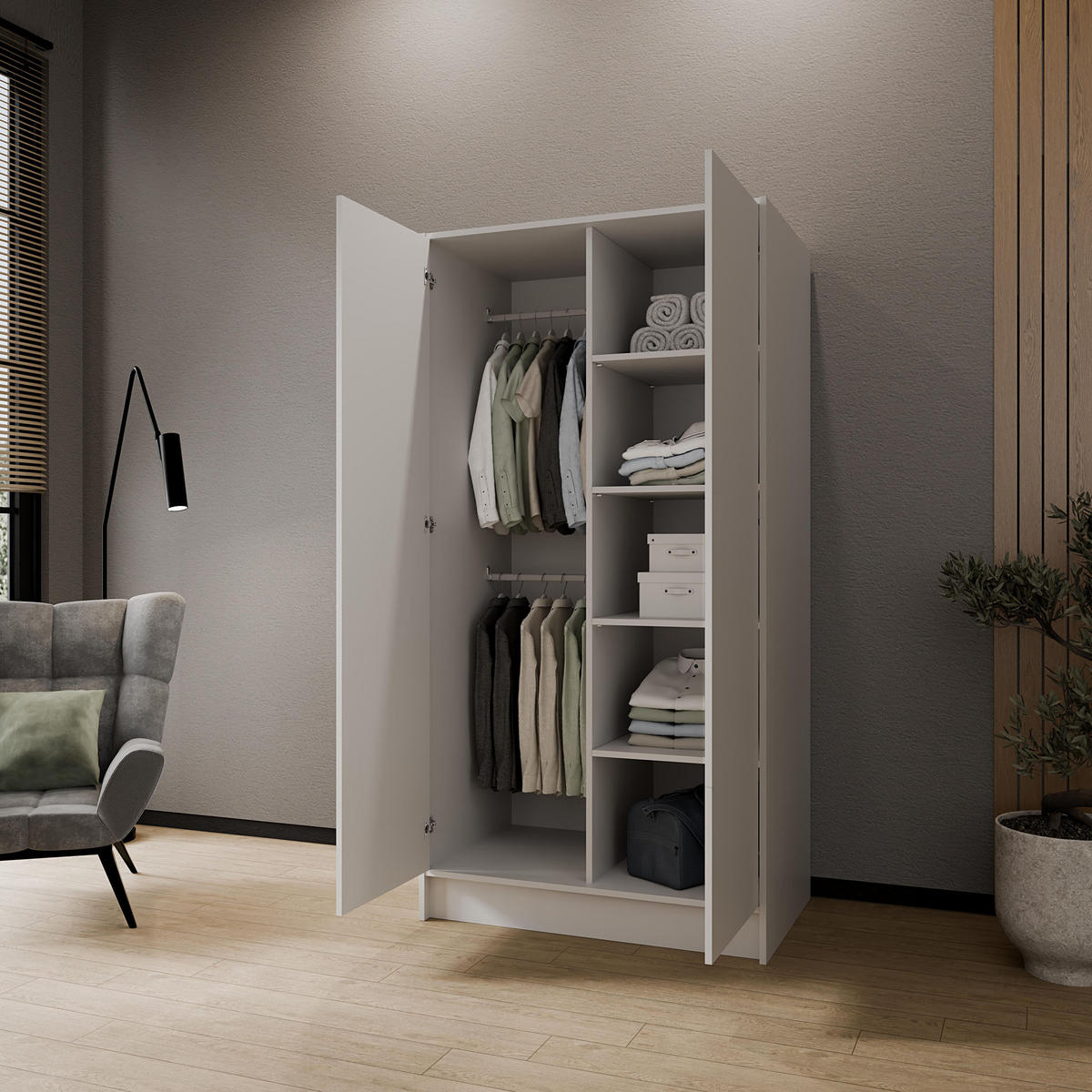 KLEIDERSCHRANK Mono Grifflos im Skandi-Stil, Weiß 102/200/51 cm - Weiß, Holzwerkstoff (102/200/51cm) - WFL GROUP